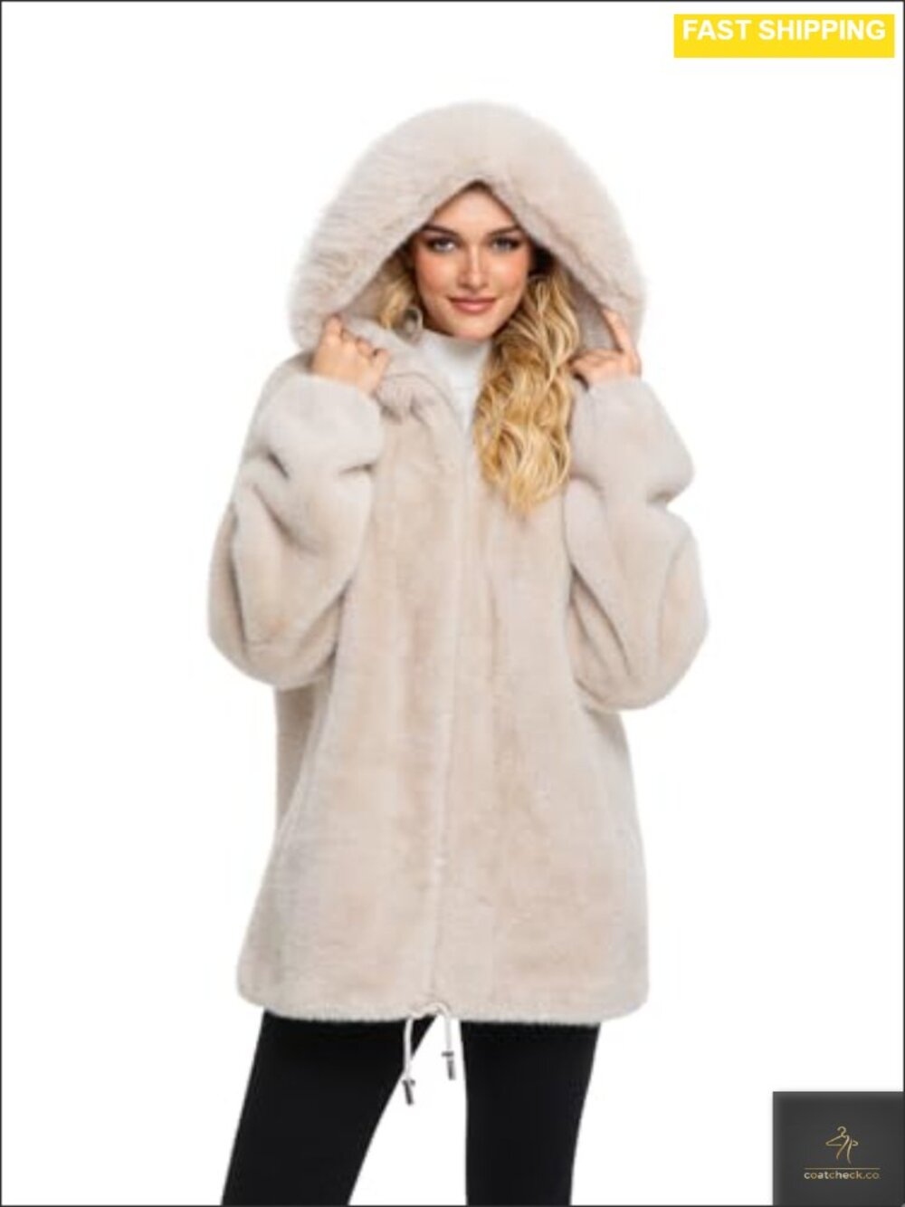 Faux Fur Hooded Fuzzy Winter Coat Loose Fit Zip Up Long Sleeve